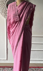 将图像加载到图库查看器中， Women's Lakhnavi Handcrafted Viscose Georgette Chikankari Saree - HONC0333857