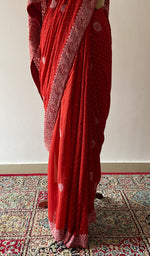 Red Pure Silk Georgette Chikankari Saree
