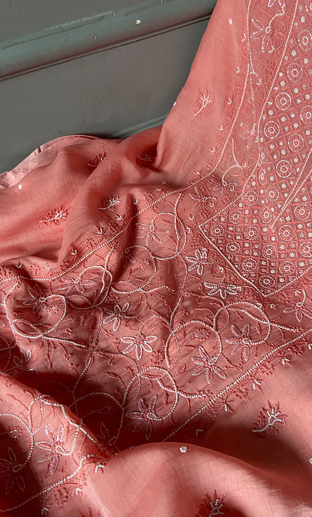 Women's Lakhnavi Handcrafted Mul Chanderi Unstitched Chikankari Full Suit Material - HONC0278000
