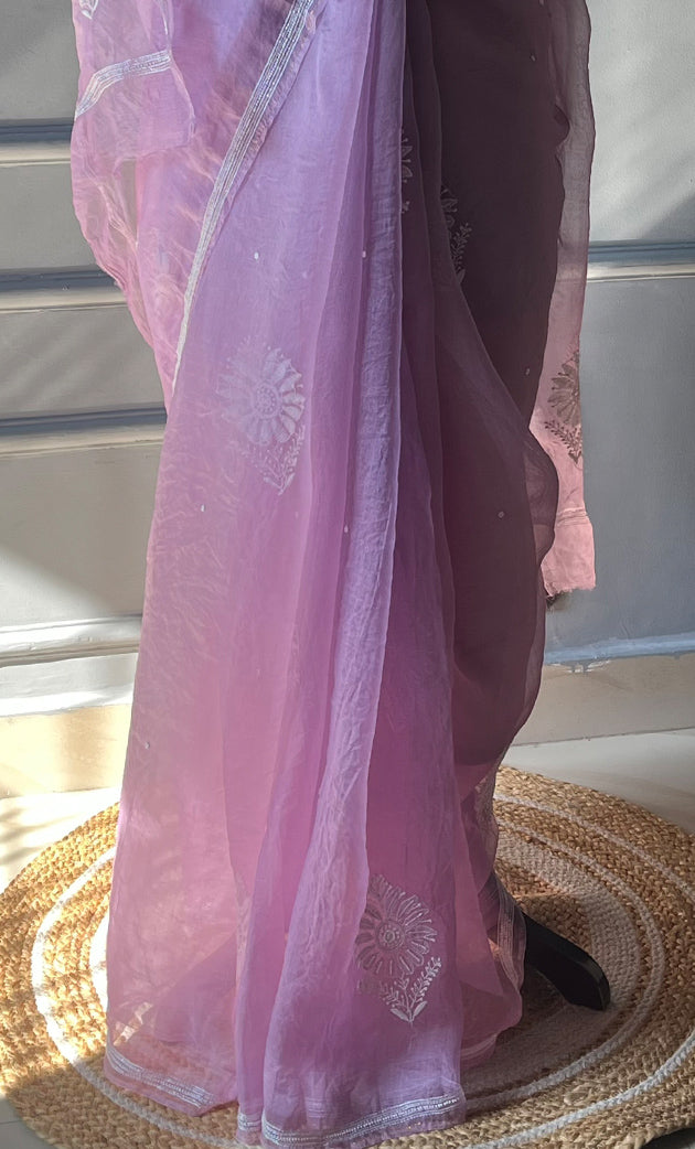 Amna Women's Lucknowi Handcrafted Pure Organza Silk Chikankari Saree - HONC0297170