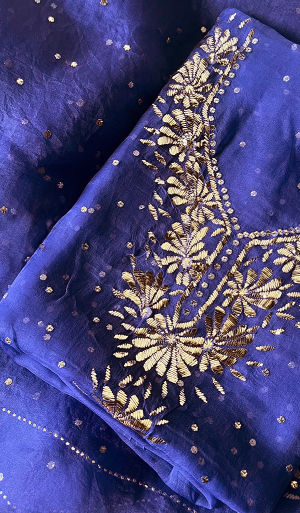 Marifa Women's Lakhnavi Handcrafted Pure Organza Chikankari Unstitched Kurta And Dupatta Set- HONC0255851