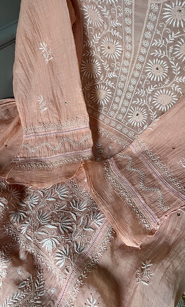 Women's Lakhnavi Handcrafted Mul Chanderi Semi - Stitched Kurta And Dupatta Set - HONC0284753