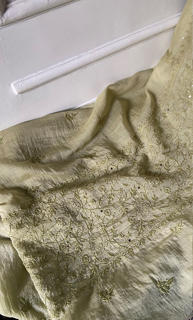 Women's Lakhnavi Handcrafted Mul Chanderi Unstitched Chikankari Full Suit Material - HONC0324472