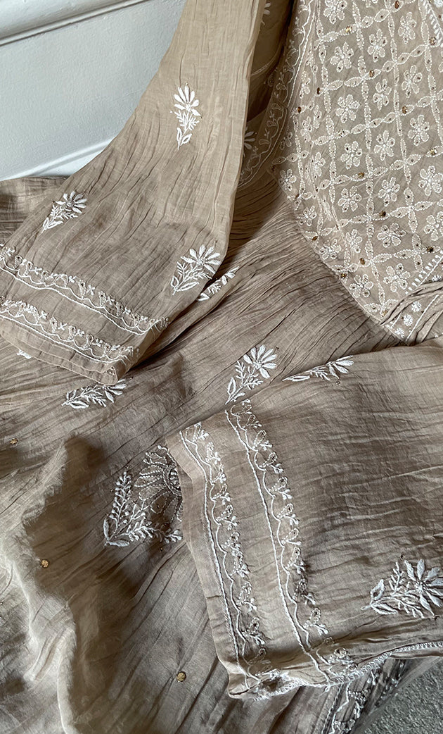 Women's Lakhnavi Handcrafted Mul Chanderi Semi - Stitched Angrakha And Dupatta Set - HONC0286658