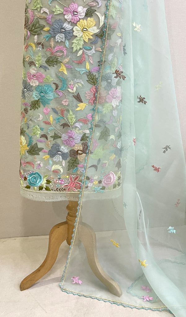 Women's Lakhnavi Handcrafted Pure Organza Chikankari Unstitched Kurta And Dupatta Set- HONC0209010