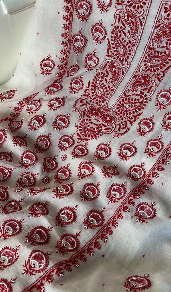 Women's Lakhnavi Handcrafted Mul Chanderi Unstitched Kurta And Dupatta Set - HONC0284791