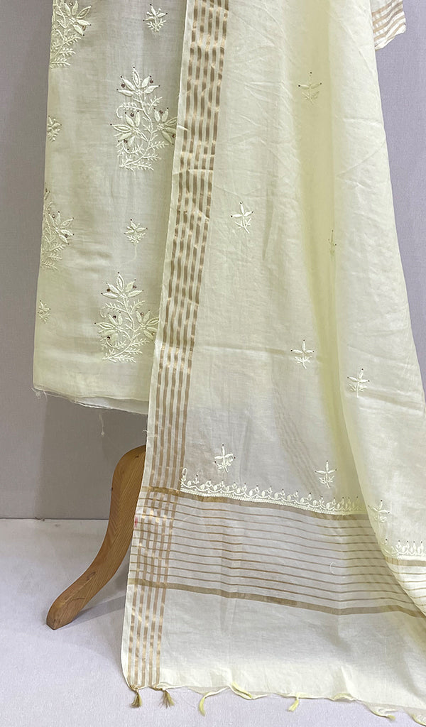 Women's Lakhnavi Handcrafted Mul Chanderi Silk Chikankari Full Suit Material - HONC0168213