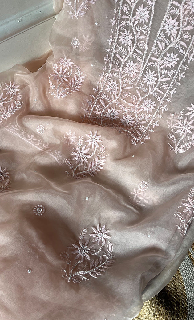 Women's Lakhnavi Handcrafted Organza Chikankari Unstitched Full Suit Material - HONC0284636