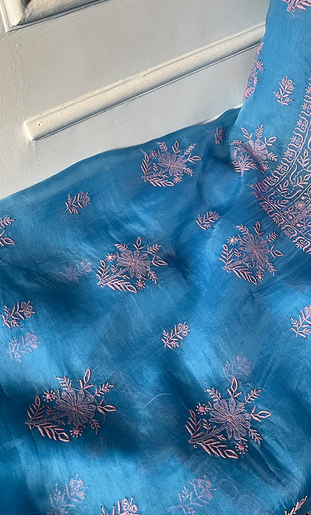 Women's Lakhnavi Handcrafted Pure Organza Chikankari Unstitched Kurta And Dupatta Set -  HONC0269932