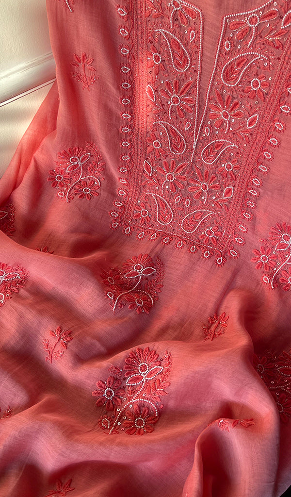 Women's Lakhnavi Handcrafted Mul Chanderi Chikankari Full Suit Material - HONC0260957