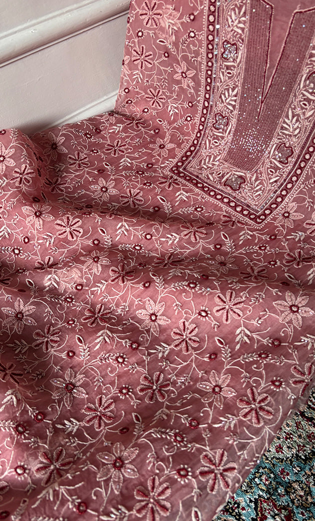 Women's Lakhnavi Handcrafted Pure Organza Chikankari Unstitched Kurta And Dupatta Set- HONC0319970