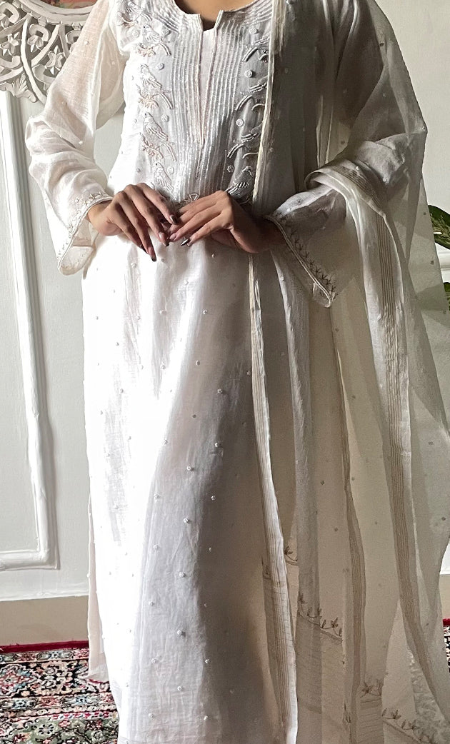 Women's Lakhnavi Handcrafted Mul Chanderi Chikankari Stitched Kurta, Dupatta And Pant Set - HONC0323124