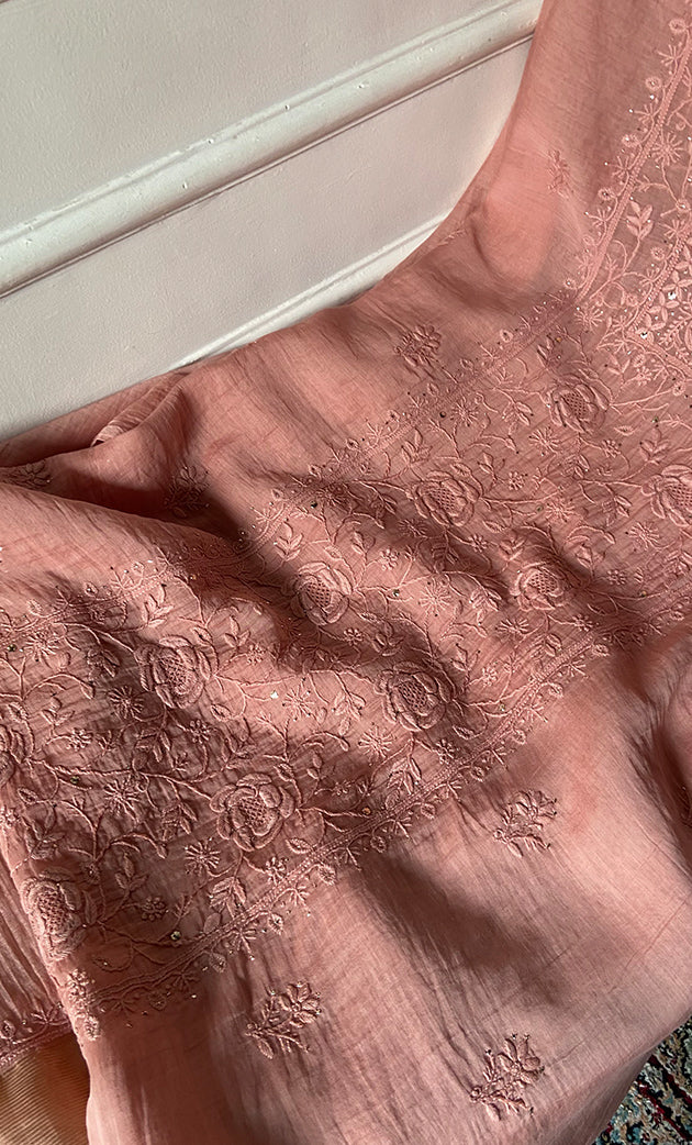 Women's Lakhnavi Handcrafted Mul Chanderi Unstitched Chikankari Full Suit Material - HONC0324500