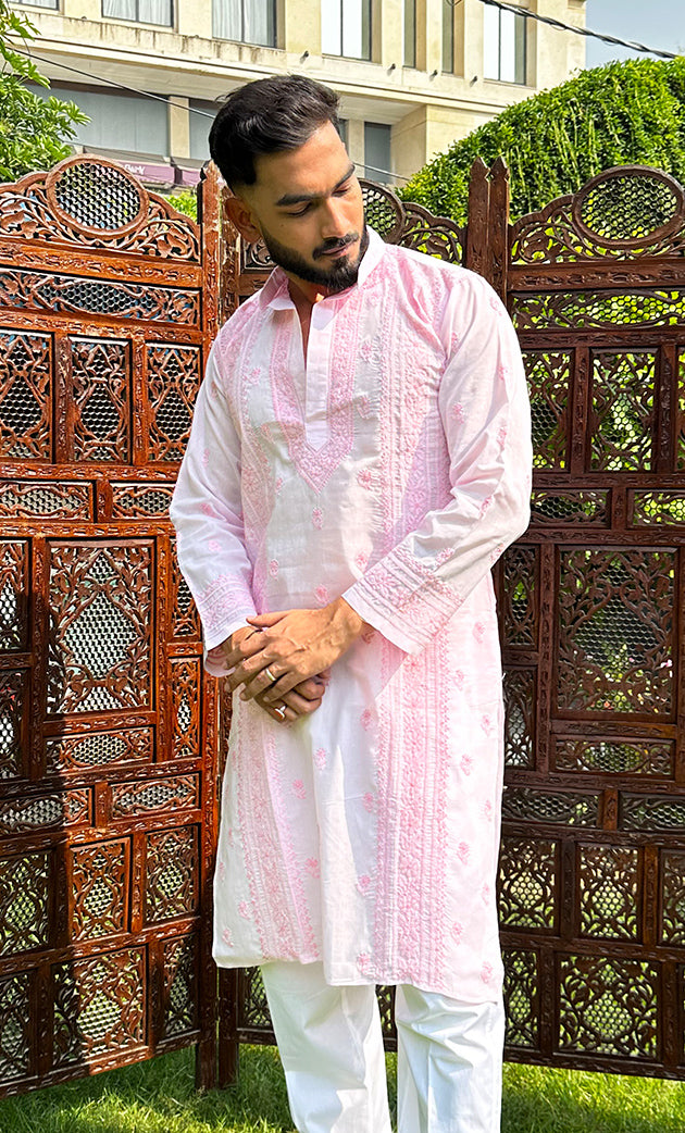 Men's Lucknowi Handcrafted Cotton Chikankari Kurta - HONC0303102