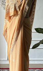 将图像加载到图库查看器中， Women's Lakhnavi Handcrafted Pure Silk Georgette Chikankari Saree - HONC0274137