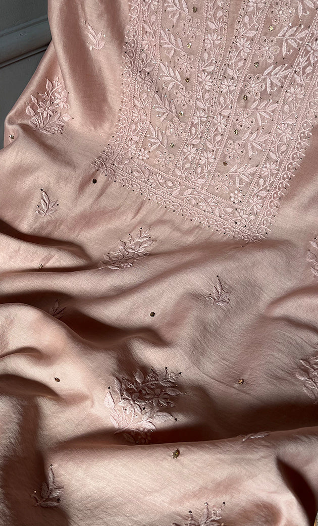 Women's Lucknowi Handcrafted Chanderi Silk Unstitched Chikankari Full Suit Material - HONC0287068