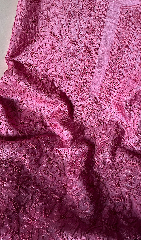 Pink Tussar Silk Chikankari Kurta And Dupatta Set