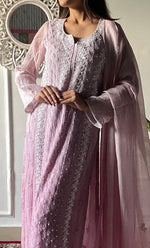 Load image into Gallery viewer, Women's Lakhnavi Handcrafted Mul Chanderi Chikankari Stitched Kurta, Dupatta And Pant Set - HONC0321277