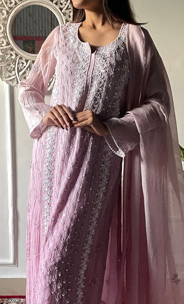 Women's Lakhnavi Handcrafted Mul Chanderi Chikankari Stitched Kurta, Dupatta And Pant Set - HONC0321277