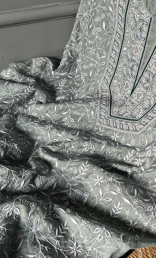 Women's Lakhnavi Handcrafted Munga Silk Unstitched Chikankari Kurta And Dupatta Set- HONC0199320