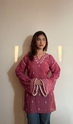Rust Pure Mul Chanderi Chikankari Stitched Short Kurti