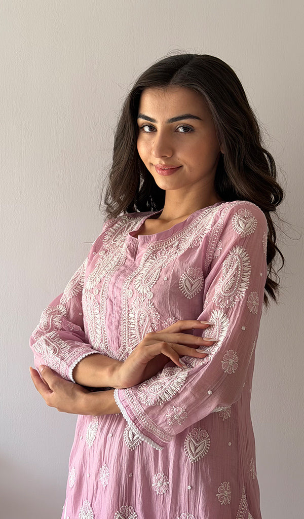 Women's Lucknowi Handcrafted Mul Chanderi Stitched Chikankari Kurta And Plazzo Set- HONC0379055
