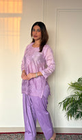 Anika Women's Lucknowi Handcrafted Chanderi Silk Chikankari Top with Farshi Salwar Set .