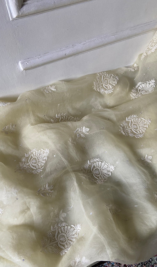 Women's Lakhnavi Handcrafted Pure Organza Chikankari Unstitched Full Suit Material - HONC0361467