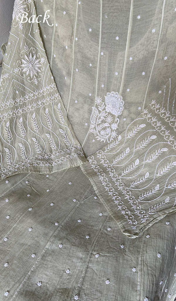 Women's Lucknowi Handcrafted Mul Chanderi Semi - stitched Chikankari Anarkali Full Set - HONC0355631
