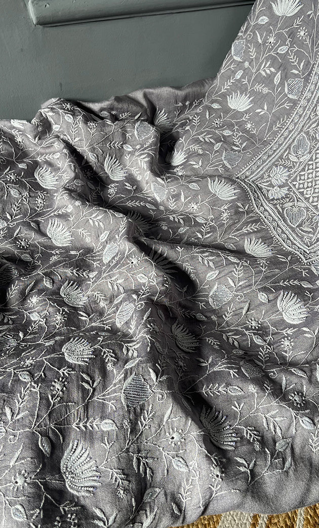 Women's Lakhnavi Handcrafted Munga Silk Chikankari Kurta And Dupatta Set- HONC0280262