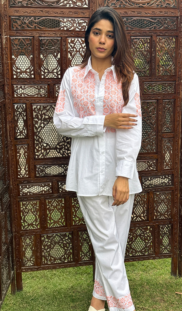 Shama Women's Lakhnavi Handcrafted Cotton Chikankari Top And Palazzo Set - HONC0267504