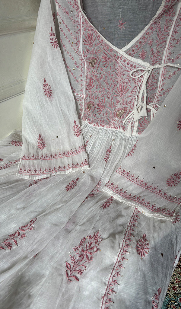 Women's Lakhnavi Handcrafted Mul Chanderi Semi - Stitchd Angrakha And Dupatta Set - HONC0344315