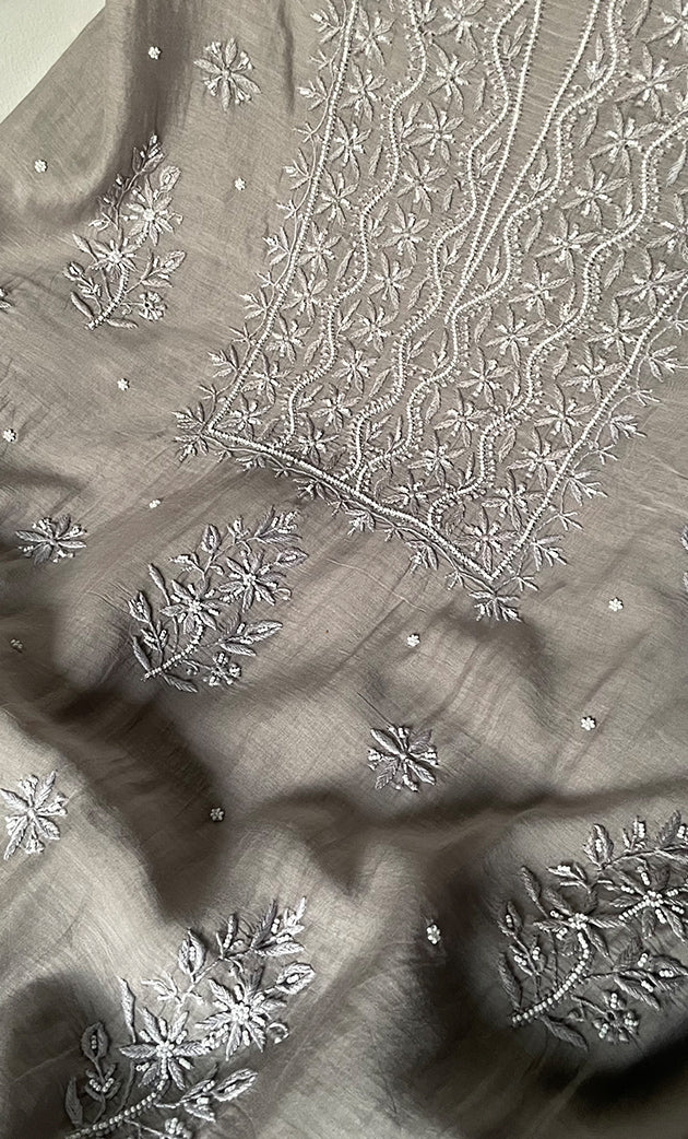 Women's Lakhnavi Handcrafted Mul Chanderi Unstitched Chikankari Full Suit Material - HONC0305483