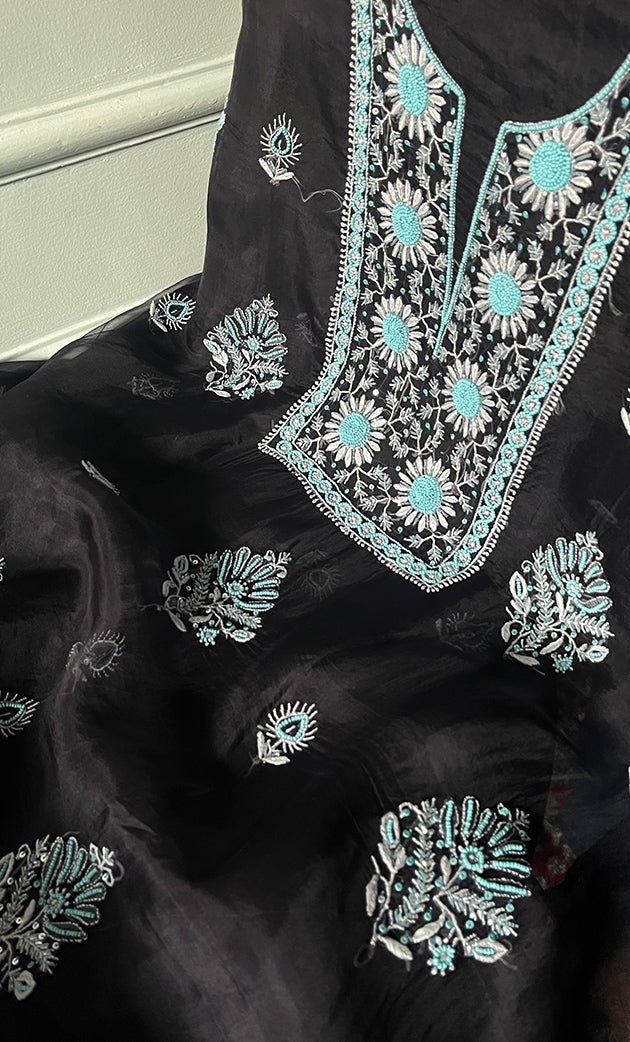 Women's Lakhnavi Handcrafted Pure Organza Chikankari Unstitched Kurta And Dupatta Set- HONC0311244