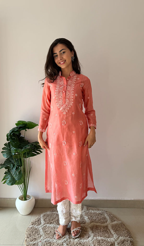 Ishita Women's Lucknowi Handcrafted Chanderi Silk Chikankari Kurti - HONC0357091
