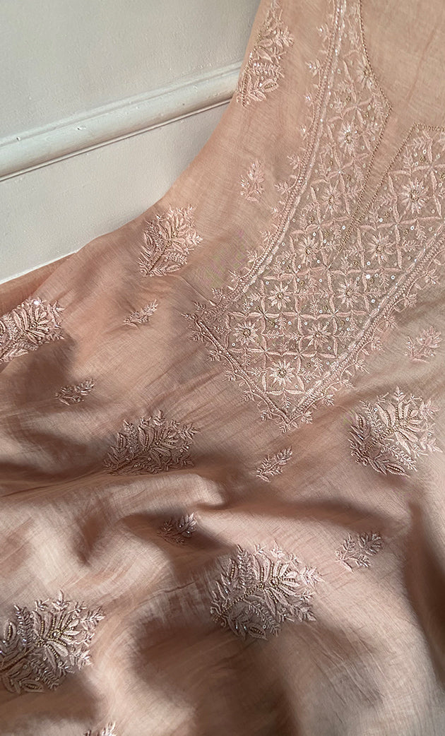 Women's Lakhnavi Handcrafted Mul Chanderi Unstitched Chikankari Full Suit Material - HONC0328132