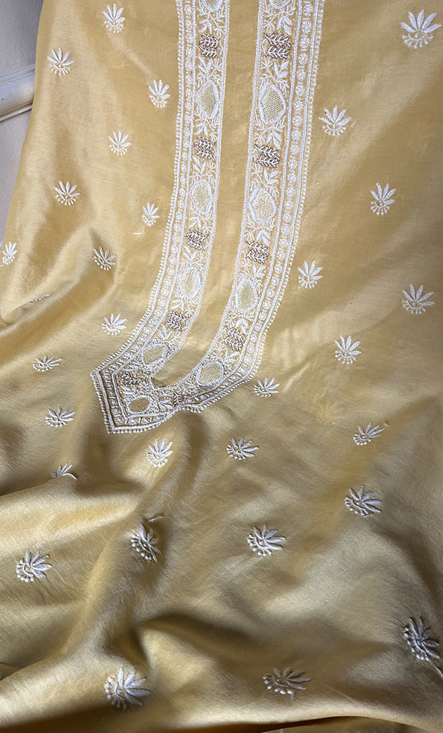Lucknowi Handcrafted Chanderi Silk Chikankari Unstitched Unisex Kurta Fabric - HONC0322110