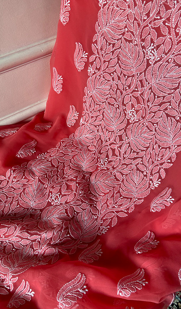Women's Lucknowi Handcrafted Faux-Georgette Unstitched Chikankari Suit Material - HONC0348786