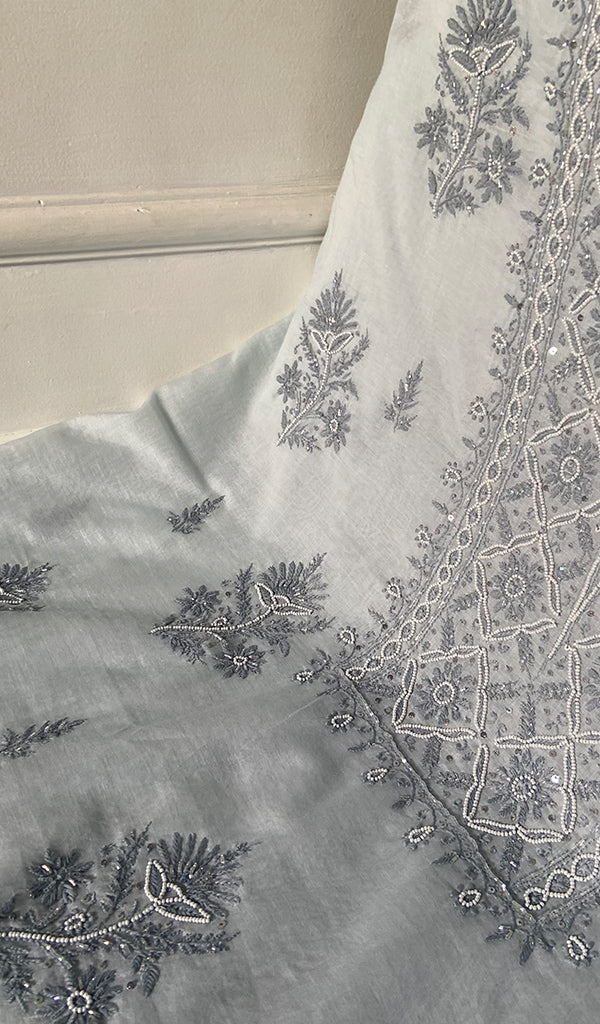 Women's Lakhnavi Handcrafted Mul Chanderi Unstitched Chikankari Full Suit Material - HONC0295747