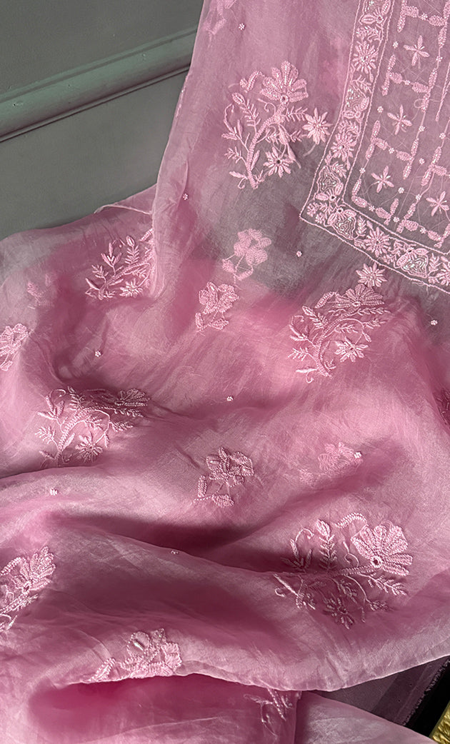 Women's Lakhnavi Handcrafted Pure Organza Chikankari Unstitched Kurta And Dupatta Set- HONC0307950