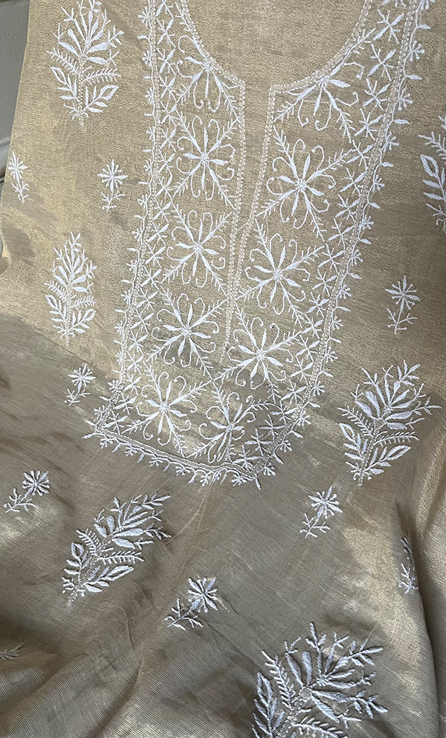Women's Lakhnavi Handcrafted Tissue Chanderi Unstitched Chikankari Kurta And Dupatta Set - HONC0328099