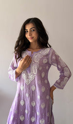 Load image into Gallery viewer, Women's Lucknowi Handcrafted Mul Chanderi Stitched Chikankari Kurta And Plazzo Set- HONC03790590