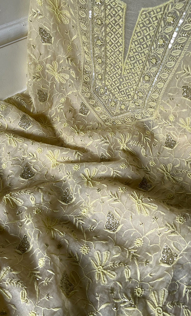 Women's Lakhnavi Handcrafted Pure Organza Chikankari Unstitched Kurta And Dupatta Set- HONC0263886