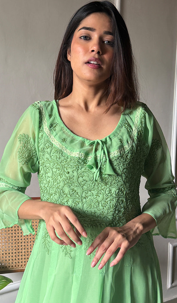Women's Lakhnavi Handcrafted Faux-Georgette Chikankari Anarkali Dress - HONC0389400