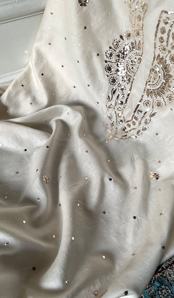 Women's Lucknowi Handcrafted Chanderi Silk Unstitched Chikankari Kurta and Dupatta Set- HONC0254109