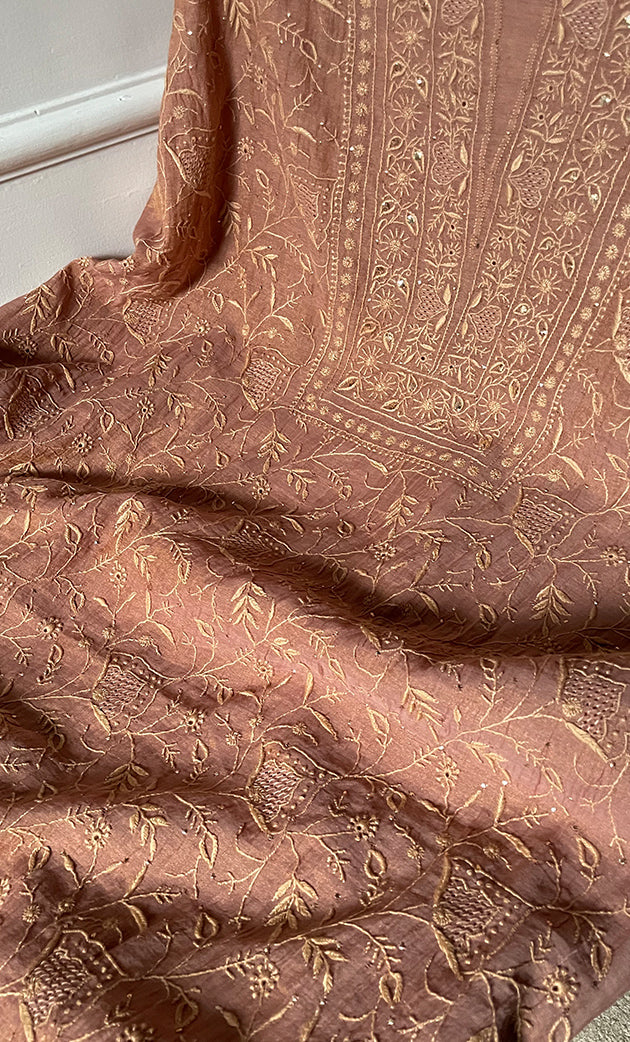 Women's Lakhnavi Handcrafted Tissue Chanderi Unstitched Kurta And Dupatta Set - HONC0270057