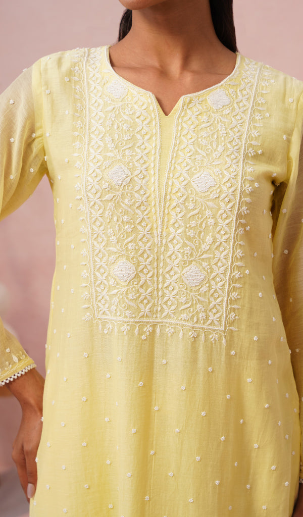 Jazba Women's Lakhnavi Handcrafted Mul Chanderi Chikankari Stitched Kurta, Dupatta And Pant Set - HONC0469874