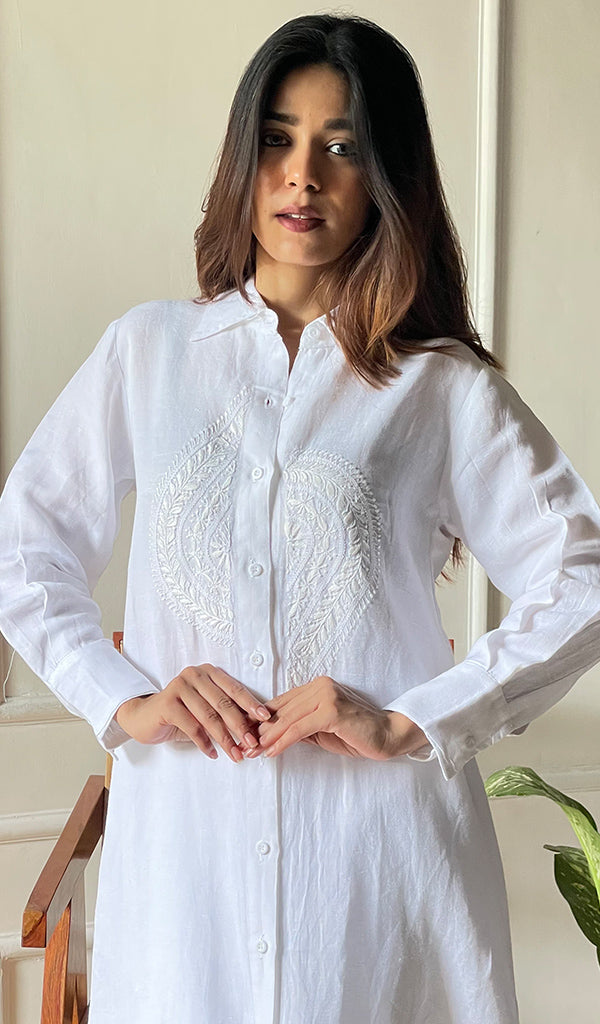 Women's Lakhnavi Handcrafted  Linen Cotton Chikankari Kurti -  HONC0301627