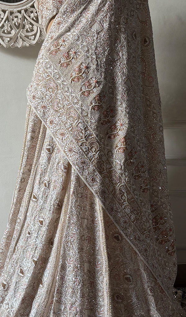 Women's Lakhnavi Handcrafted Bridal Pure Silk Georgette Chikankari Lehenga Set - HONC0263727