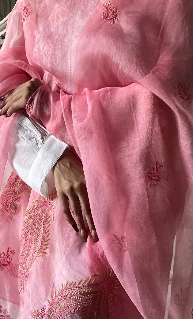 Women's Lucknowi Handcrafted Pure Organza Silk Chikankari Dupatta - HONC046131